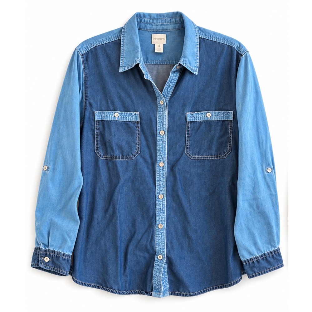 Chico's Multi-Tone Blue Colorblock Denim Button Down Roll Tab Shirt Size 4 XXL